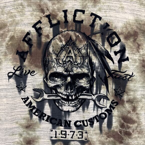 Affliction X American Customs Men's Skull Tee Shirt Abstract Brown Black SZ 2XL - Picture 3 of 9